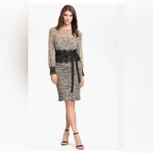 Tadashi Shoji Silk Lace Ruched Cocktail Long Sleeve Black & Nude Dress. Size: 10